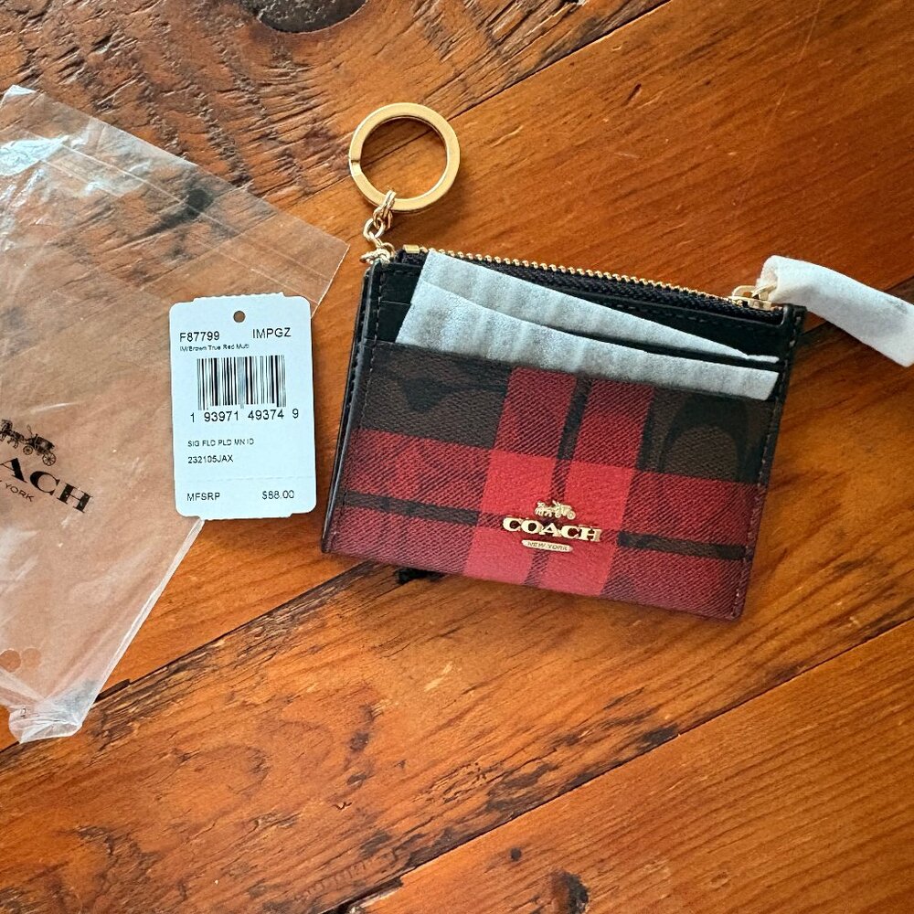 COACH Id Case WALLET Signature Canvas Field Plaid RED/BROWN SOLD OUT-NWT!!